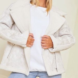 Cream Hamard Faux Suede Buckle Collar Aviator Jacket
 
Size: 4
